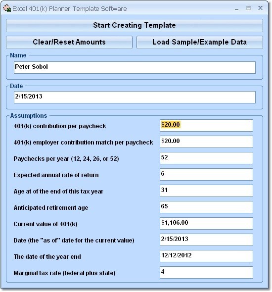 Excel 401(k) Planner Template Software