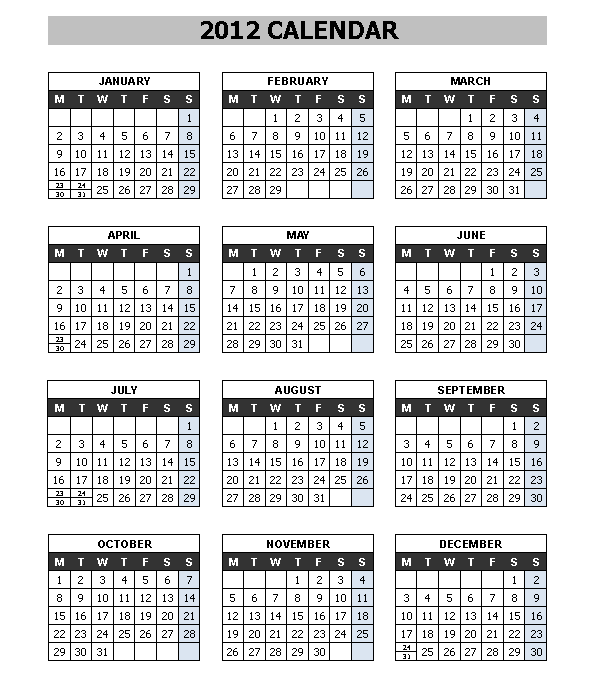Printable 2012 Calendar