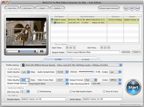 WinX FLV to iPad Video Converter for Mac